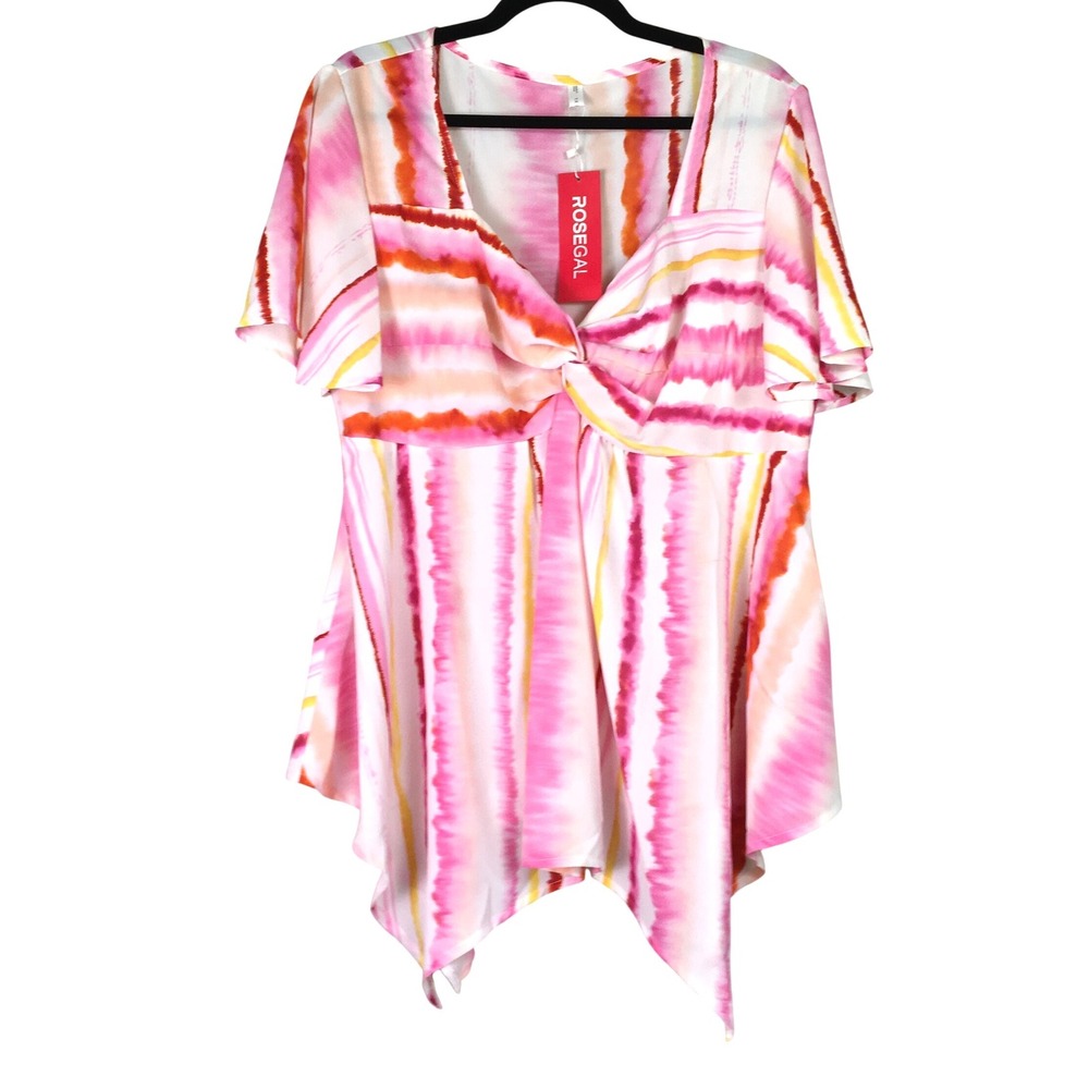 Rosegal Tie Dye Twist Front Handkerchief Hem Blouse 1X Pink Orange